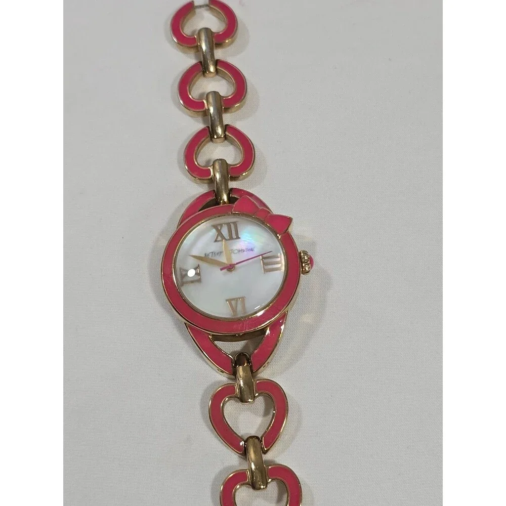 Betsey Johnson Pink XOXO Coquette bow link watch Gold tone accents Needs Battery